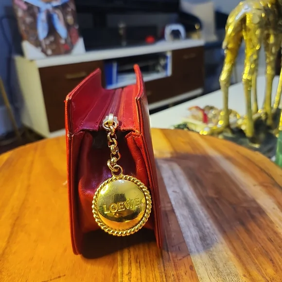 Loewe Red Leather Mini Clutch w/Gold Logo Branded Zipper Pull Charm Clutches & Wristlets